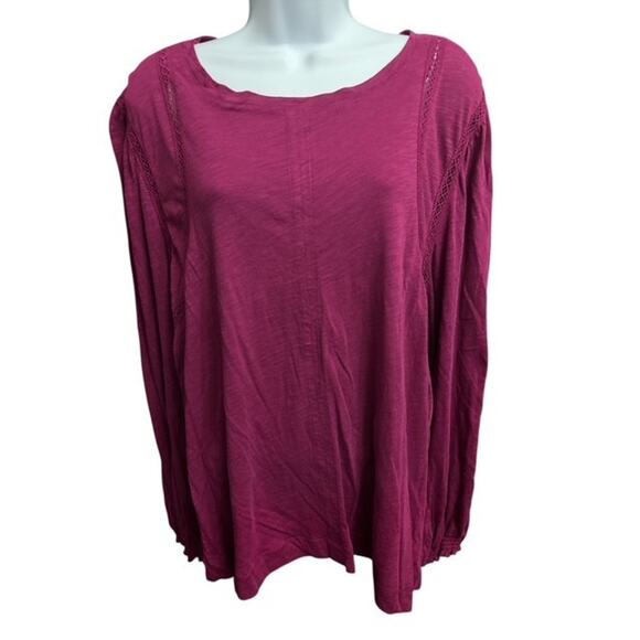 Democracy 2X Top Purple Wine Cotton Modal Crochet Ruffle Smock Cuffs Long Sleeve - Picture 1 of 6